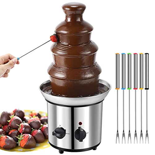 Chocolate Fountain, 4 Tiers Electric Melting Machine Chocolate Fondue Fountain Set with 6pcs Stainless Steel Forks, 4-Pound Capacity, Stainless Steel Cascading Fondue Heat Motor Controls Pot for Nacho Cheese, BBQ Sauce, Ranch