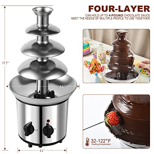 Chocolate Fountain, 4 Tiers Electric Melting Machine Chocolate Fondue Fountain Set with 6pcs Stainless Steel Forks, 4-Pound Capacity, Stainless Steel Cascading Fondue Heat Motor Controls Pot for Nacho Cheese, BBQ Sauce, Ranch