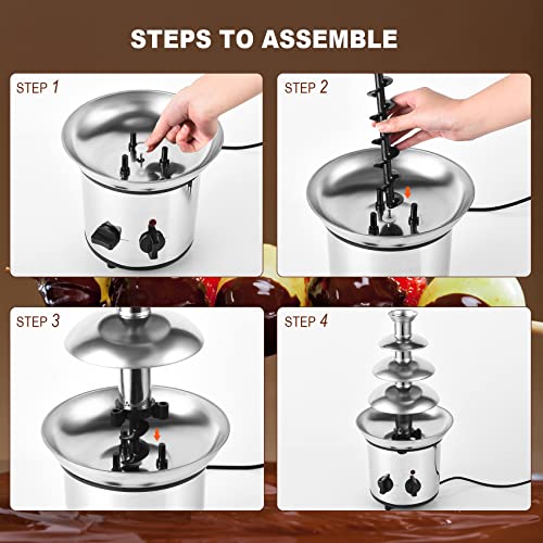 Chocolate Fountain, 4 Tiers Electric Melting Machine Chocolate Fondue Fountain Set with 6pcs Stainless Steel Forks, 4-Pound Capacity, Stainless Steel Cascading Fondue Heat Motor Controls Pot for Nacho Cheese, BBQ Sauce, Ranch