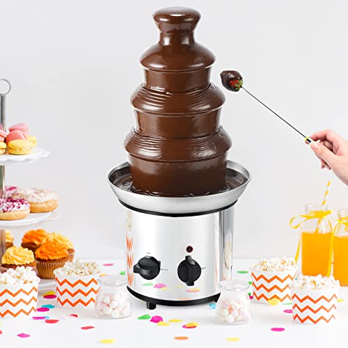 Chocolate Fountain, 4 Tiers Electric Melting Machine Chocolate Fondue Fountain Set with 6pcs Stainless Steel Forks, 4-Pound Capacity, Stainless Steel Cascading Fondue Heat Motor Controls Pot for Nacho Cheese, BBQ Sauce, Ranch