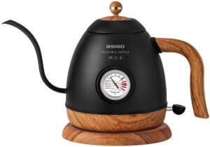 bsigo gooseneck electric kettle with thermometer, 100% stainless steel for pour-over coffee & tea kettle, bpa free, auto shut off anti-dry protection, quick heating boiling water, 1000w-0.8l, black