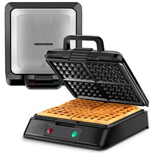 redmond waffle maker, nonstick 4 slice square waffle iron, compact classic stainless steel waffle maker for family use breakfast, 1300w, black