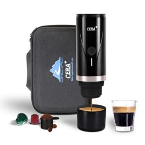cera+ portable mini espresso machine, 12v/24v rechargeable car coffee maker with self-heating, 20 bar pressure compatible with ns pods & ground coffee for travel, camping, office, home
