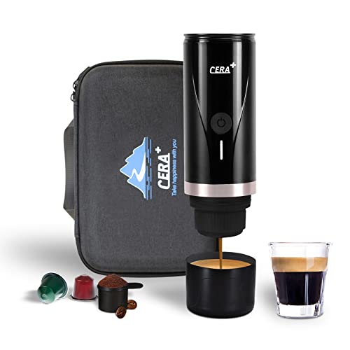 CERA+ Portable Mini Espresso Machine, 12V/24V Rechargeable Car Coffee Maker with Self-Heating, 20 Bar Pressure Compatible with NS Pods & Ground Coffee for Travel, Camping, Office, Home