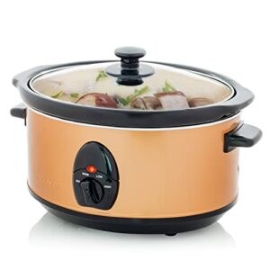 ovente electric slow cooker with 3.7 qt ceramic pot and 3 cooking settings, dishwasher-safe stoneware, tempered glass lid, portable multicooker perfect for soups sauces stews & dips, copper slo35aco1