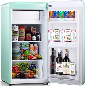 kismile retro mini fridge with freezer, 3.2 cu. ft small fridge with adjustable removable glass shelves, mechanical control, compact refrigerator for office, dorm, bedroom (green)