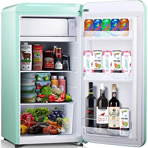 Kismile Retro Mini Fridge with Freezer, 3.2 cu. ft Small fridge with Adjustable Removable Glass Shelves, Mechanical Control, Compact Refrigerator for Office, Dorm, Bedroom (Green)