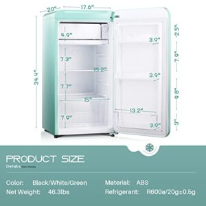 Kismile Retro Mini Fridge with Freezer, 3.2 cu. ft Small fridge with Adjustable Removable Glass Shelves, Mechanical Control, Compact Refrigerator for Office, Dorm, Bedroom (Green)