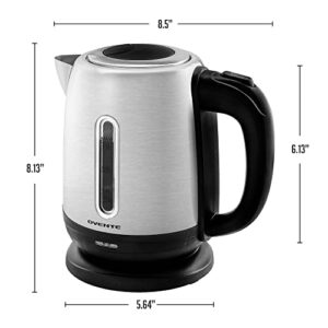 Ovente Electric Tea Kettle Stainless Steel 1.2 Liter Portable Instant Hot Water Boiler Heater 1100W Power Fast Boiling with Cordless Body and Automatic Shut Off for Coffee Milk Chocolate Silver KS22S