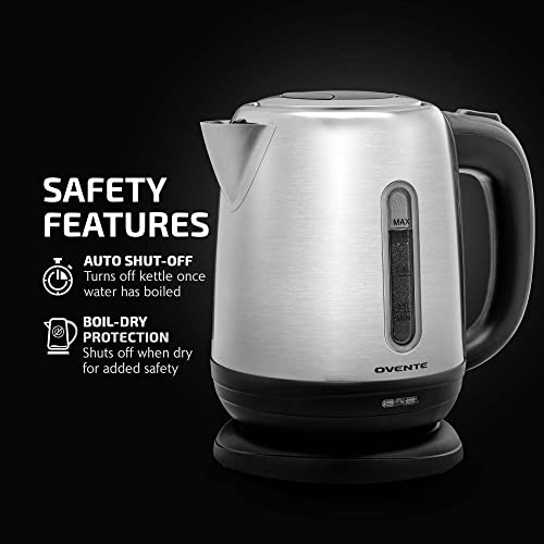 Ovente Electric Tea Kettle Stainless Steel 1.2 Liter Portable Instant Hot Water Boiler Heater 1100W Power Fast Boiling with Cordless Body and Automatic Shut Off for Coffee Milk Chocolate Silver KS22S