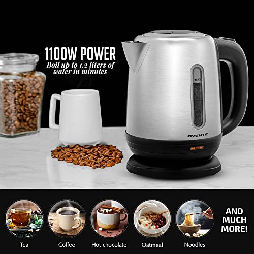 Ovente Electric Tea Kettle Stainless Steel 1.2 Liter Portable Instant Hot Water Boiler Heater 1100W Power Fast Boiling with Cordless Body and Automatic Shut Off for Coffee Milk Chocolate Silver KS22S