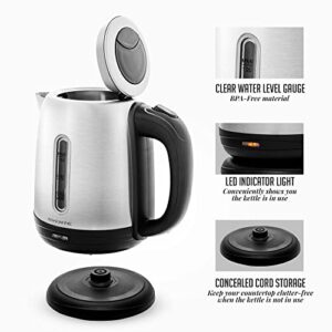 Ovente Electric Tea Kettle Stainless Steel 1.2 Liter Portable Instant Hot Water Boiler Heater 1100W Power Fast Boiling with Cordless Body and Automatic Shut Off for Coffee Milk Chocolate Silver KS22S