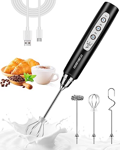 ODIFORGO Milk Frother Handheld, USB Rechargeable Electric Whisk 3 Speed Adjustable, Coffee Frother Wand with 3 Stainless Whisks, Egg Beater, Drink Mixer Blender for Coffee Latte Cappuccino Matcha