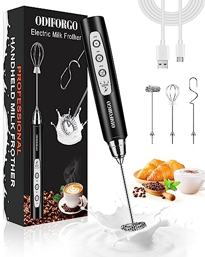 ODIFORGO Milk Frother Handheld, USB Rechargeable Electric Whisk 3 Speed Adjustable, Coffee Frother Wand with 3 Stainless Whisks, Egg Beater, Drink Mixer Blender for Coffee Latte Cappuccino Matcha