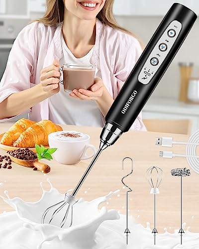 ODIFORGO Milk Frother Handheld, USB Rechargeable Electric Whisk 3 Speed Adjustable, Coffee Frother Wand with 3 Stainless Whisks, Egg Beater, Drink Mixer Blender for Coffee Latte Cappuccino Matcha