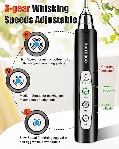 ODIFORGO Milk Frother Handheld, USB Rechargeable Electric Whisk 3 Speed Adjustable, Coffee Frother Wand with 3 Stainless Whisks, Egg Beater, Drink Mixer Blender for Coffee Latte Cappuccino Matcha