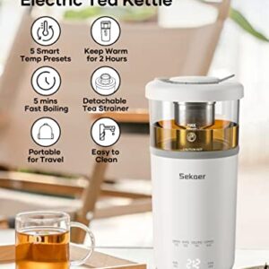 Sekaer Travel Electric Tea Kettle, Portable Small Mini Hot Glass Teapot Maker with Infuser, 350ML&400W Fast Heat Personal Water Boiler, BPA-Free White