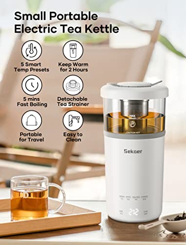 Sekaer Travel Electric Tea Kettle, Portable Small Mini Hot Glass Teapot Maker with Infuser, 350ML&400W Fast Heat Personal Water Boiler, BPA-Free White