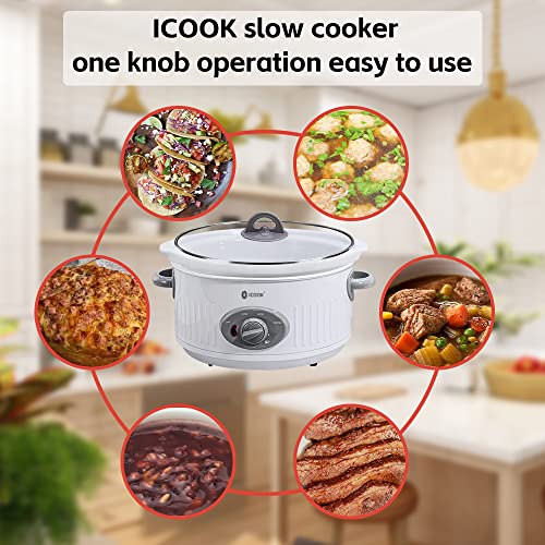 ICOOK Slow Cooker 3.5 Quart USC-351-OG,Dishwasher Safe Crock/Ceramic inner pot and Glass lid,Small Slow Cooker,Oval Shape,White