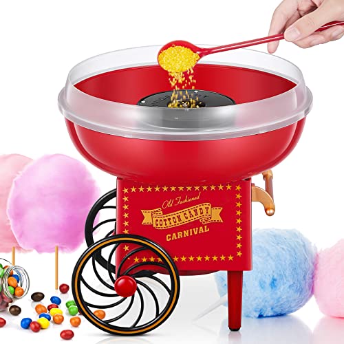 FOHERE Cotton Candy Machine for Kids, Countertop Cotton Candy Maker Homemade Candy Sweets for Birthday Parties, Includes a Scoop and 10 Candy Cones, Red Vintage