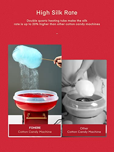 FOHERE Cotton Candy Machine for Kids, Countertop Cotton Candy Maker Homemade Candy Sweets for Birthday Parties, Includes a Scoop and 10 Candy Cones, Red Vintage