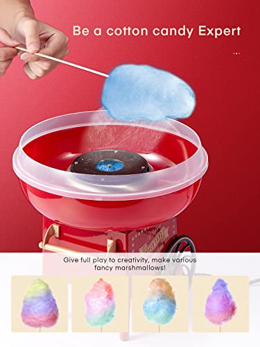 FOHERE Cotton Candy Machine for Kids, Countertop Cotton Candy Maker Homemade Candy Sweets for Birthday Parties, Includes a Scoop and 10 Candy Cones, Red Vintage