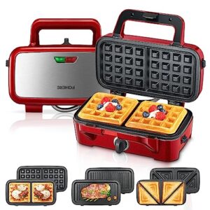 fohere waffle maker 3 in 1 sandwich maker 1200w panini press with removable plates and 5-gear temperature control, non-stick coating easy to clean,indicator lights, red
