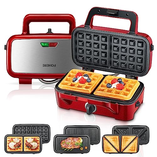 FOHERE Waffle Maker 3 in 1 Sandwich Maker 1200W Panini Press With Removable Plates and 5-gear Temperature Control, Non-stick Coating Easy to Clean,Indicator Lights, Red