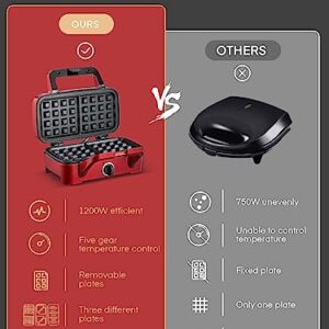 FOHERE Waffle Maker 3 in 1 Sandwich Maker 1200W Panini Press With Removable Plates and 5-gear Temperature Control, Non-stick Coating Easy to Clean,Indicator Lights, Red