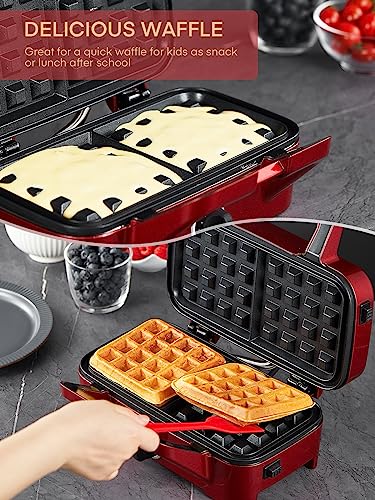 FOHERE Waffle Maker 3 in 1 Sandwich Maker 1200W Panini Press With Removable Plates and 5-gear Temperature Control, Non-stick Coating Easy to Clean,Indicator Lights, Red