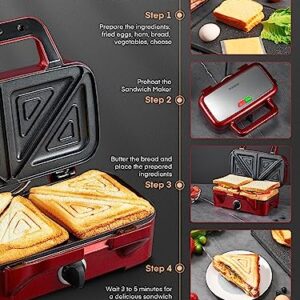 FOHERE Waffle Maker 3 in 1 Sandwich Maker 1200W Panini Press With Removable Plates and 5-gear Temperature Control, Non-stick Coating Easy to Clean,Indicator Lights, Red