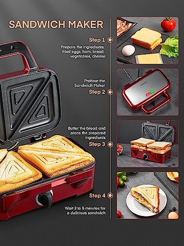 FOHERE Waffle Maker 3 in 1 Sandwich Maker 1200W Panini Press With Removable Plates and 5-gear Temperature Control, Non-stick Coating Easy to Clean,Indicator Lights, Red