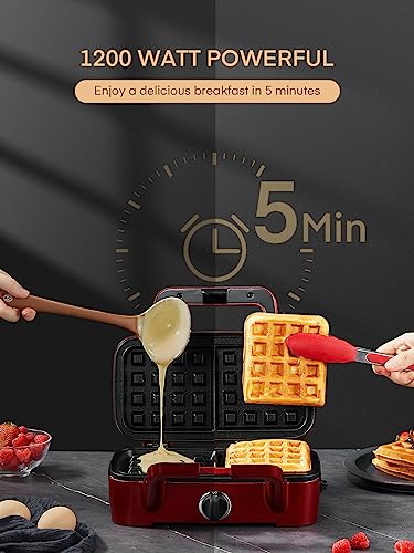 FOHERE Waffle Maker 3 in 1 Sandwich Maker 1200W Panini Press With Removable Plates and 5-gear Temperature Control, Non-stick Coating Easy to Clean,Indicator Lights, Red