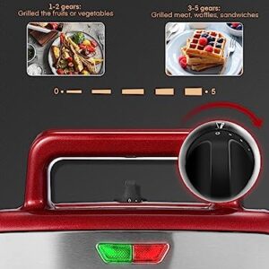 FOHERE Waffle Maker 3 in 1 Sandwich Maker 1200W Panini Press With Removable Plates and 5-gear Temperature Control, Non-stick Coating Easy to Clean,Indicator Lights, Red