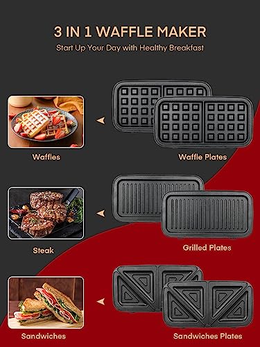 FOHERE Waffle Maker 3 in 1 Sandwich Maker 1200W Panini Press With Removable Plates and 5-gear Temperature Control, Non-stick Coating Easy to Clean,Indicator Lights, Red