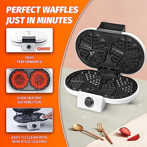 FineMade Double Heart Shaped Waffle Maker, Mini Heart Waffle Maker Iron with Non Stick Surface and Temperature Control