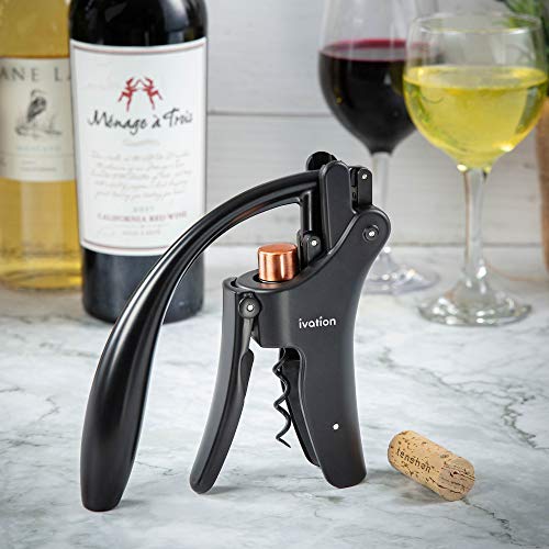 Ivation Wine Bottle Opener | Manual Handheld Corkscrew with Ergonomic Lever Pump, Standing Vertical Design, Soft Bottleneck Grip, Nonstick Screw & Easy No-Twist Cork Removal | Black & Bronze Stainless