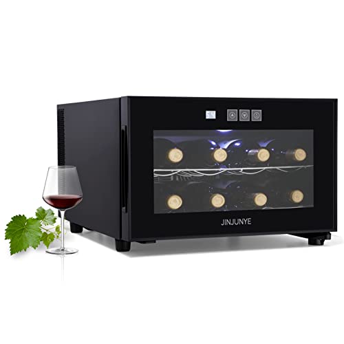 JINJUNYE 8 Bottle Wine Cooler Refrigerator, Wine Fridge Small, Countertop Wine Cooler with Digital Temperature Control, 46-64℉ Mini Freestanding Wine Cellars Glass Door, Gift for Wine Lover