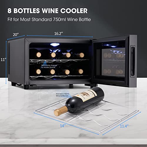 JINJUNYE 8 Bottle Wine Cooler Refrigerator, Wine Fridge Small, Countertop Wine Cooler with Digital Temperature Control, 46-64℉ Mini Freestanding Wine Cellars Glass Door, Gift for Wine Lover