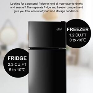 KRIB BLING Mini Fridge With Freezer,3.5 Cu. Ft Compact Refrigerator With 2 Doors,7- Level Adjustable Thermostat, Removable Glass Shelves For Bedroom, Office, Kitchen, Apartment, Dorm, Black