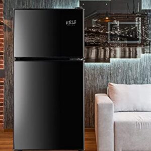 KRIB BLING Mini Fridge With Freezer,3.5 Cu. Ft Compact Refrigerator With 2 Doors,7- Level Adjustable Thermostat, Removable Glass Shelves For Bedroom, Office, Kitchen, Apartment, Dorm, Black