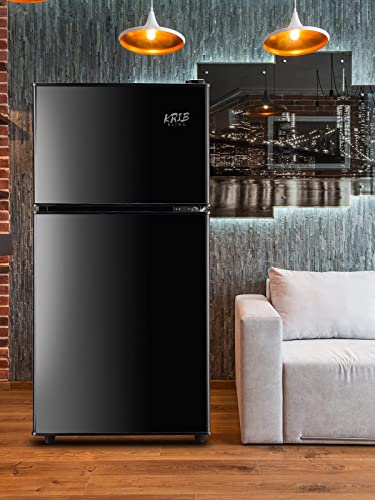 KRIB BLING Mini Fridge With Freezer,3.5 Cu. Ft Compact Refrigerator With 2 Doors,7- Level Adjustable Thermostat, Removable Glass Shelves For Bedroom, Office, Kitchen, Apartment, Dorm, Black