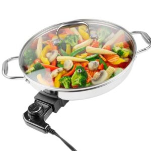 electric skillet by cucina pro - 18/10 stainless steel frying pan with tempered glass lid and handles, 12" round, adjustable temperature control knob, portable and includes recipe guide, great gift