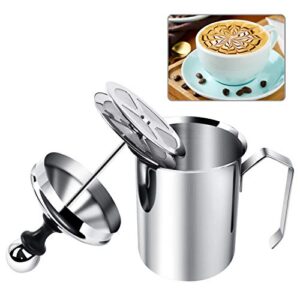 manual milk creamer hand pump frother cappuccino latte coffee foam pitcher with handle, lid, double layer filter screen, stainless steel, 17-ounce capacity (500ml)