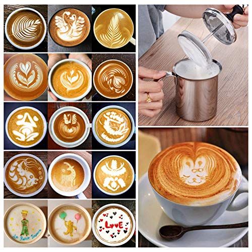 Manual Milk Creamer Hand Pump Frother Cappuccino Latte Coffee Foam Pitcher with Handle, Lid, Double Layer Filter Screen, Stainless Steel, 17-Ounce Capacity (500ml)