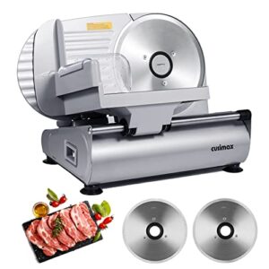 meat slicer, cusimax electric deli food slicer with two 7.5'removable stainless steel blades and pusher, cheese fruit vegetable bread cutter, adjustable knob for thickness, food carriage
