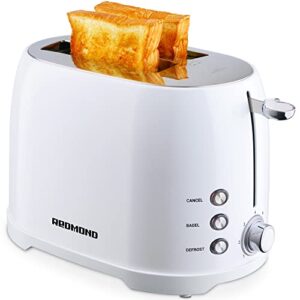 redmond toaster 2 slice, stainless steel toaster with 1.5”wide slots, retro toaster 2 slice with cancel, bagel, deforst functions, 7 browning levels, removable crumb tray, white