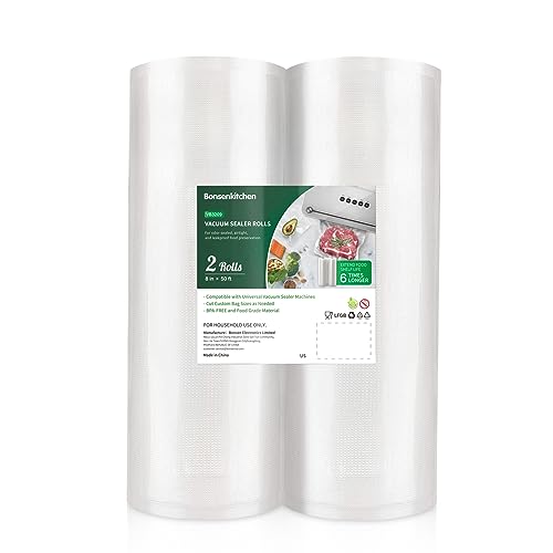 Bonsenkitchen Vacuum Sealer Bags, 8 in x 50 ft Rolls 2 Pack Seal Bags for Food Storage Saver, BPA Free, Commercial Grade Textured Food Roll Bags, Customized Size Bag for Sous Vide Cooking & Meal Prep