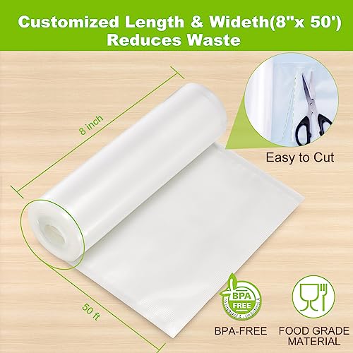 Bonsenkitchen Vacuum Sealer Bags, 8 in x 50 ft Rolls 2 Pack Seal Bags for Food Storage Saver, BPA Free, Commercial Grade Textured Food Roll Bags, Customized Size Bag for Sous Vide Cooking & Meal Prep