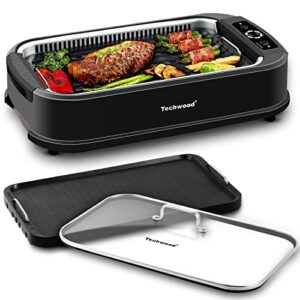 indoor grill, techwood 1500w smokeless electric grill with non-stick grill plates, korean grill with temperature control, tempered glass lid, dishwasher-safe